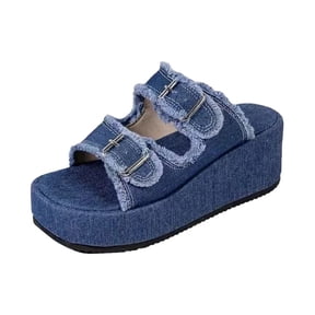 YLYL Women's Platform Denim Sandals witrh Arch Support Adjustable Double Buckle Open Toe Summer Beach Sandals