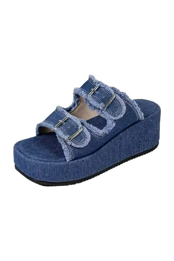 Women's Platform Denim Sandals witrh Arch Support Adjustable Double Buckle Open Toe Summer Beach Sandals