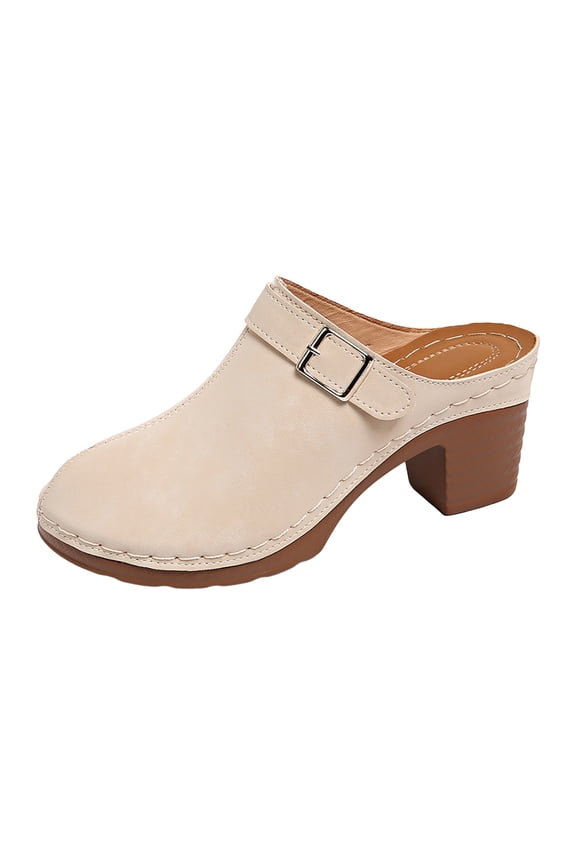 Women's Platform Mules Chunky Mid Heel Closed Round Toe Slip on Fashion Retro Backless Clogs