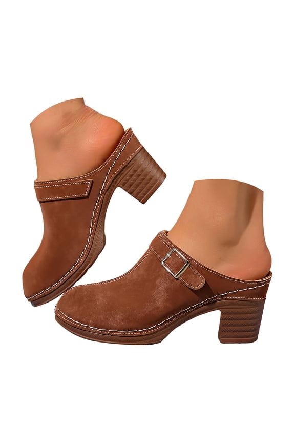 Women's Platform Mules Chunky Mid Heel Closed Round Toe Slip on Fashion Retro Backless Clogs