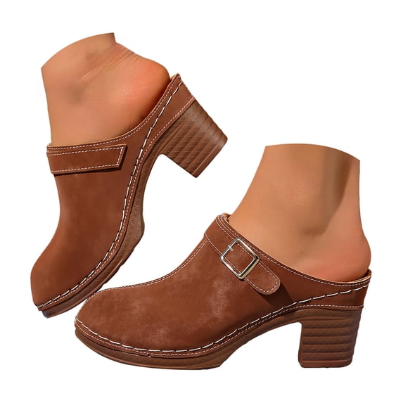 YLYL Women's Platform Mules Chunky Mid Heel Closed Round Toe Slip on Fashion Retro Backless Clogs