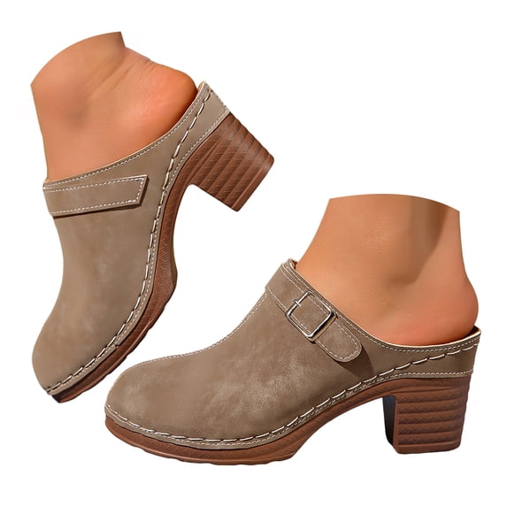 YLYL Women's Platform Mules Chunky Mid Heel Closed Round Toe Slip on Fashion Retro Backless Clogs