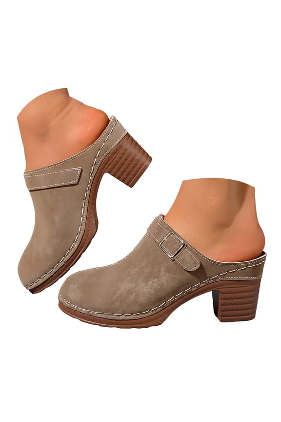 Women's Platform Mules Chunky Mid Heel Closed Round Toe Slip on Fashion Retro Backless Clogs