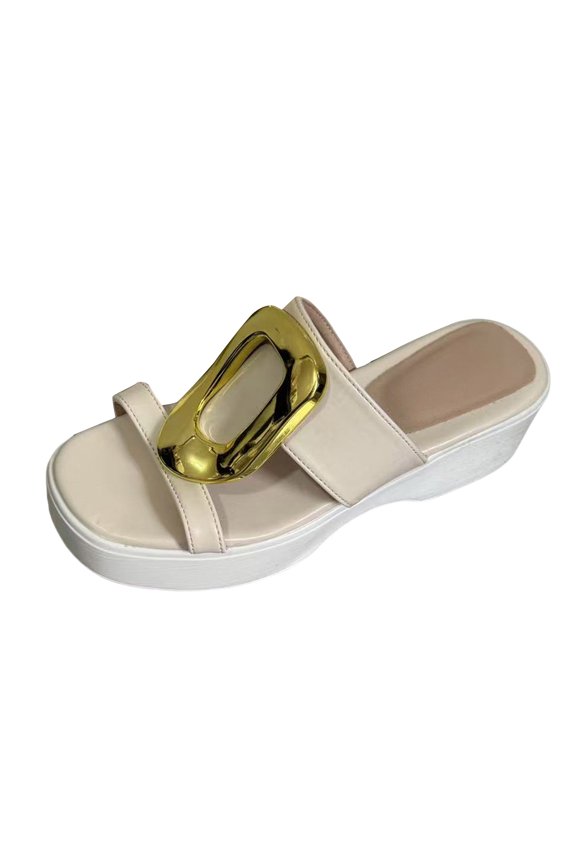 Women's Platform Wedge Sandals Metallic Buckle Mid Heel Open Toe Fashion Casual Summer Slippers