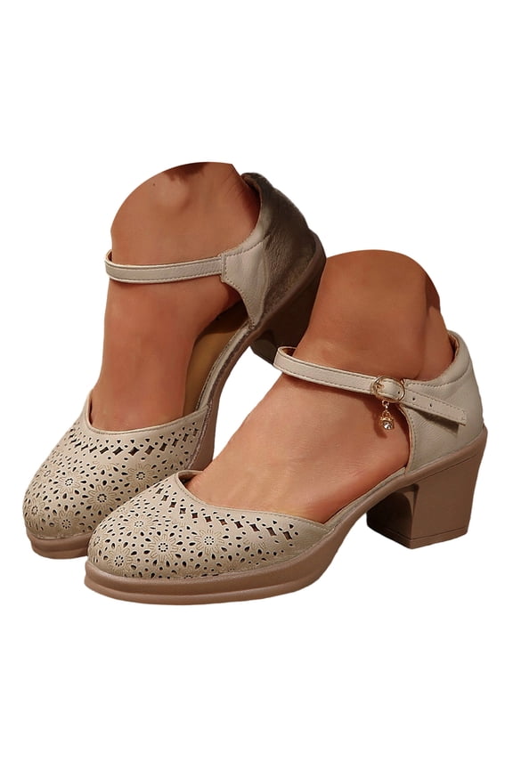 Women's Pumps Ankle Strap Closed Toe Hollow out Chunky Heel Dressy Office Work Mary Jane Shoes