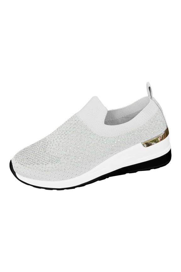 Women's Rhinestone Platform Sneakers Slip-On Outdoor Shoes Breathable Mesh Sparkly Glitter Tennis Shoes