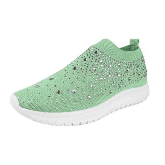 YLYL Women's Rhinestones Mesh Sport Shoes Knitted Non Slip Breathable Lightweight Casual Slip-on Walking Shoes