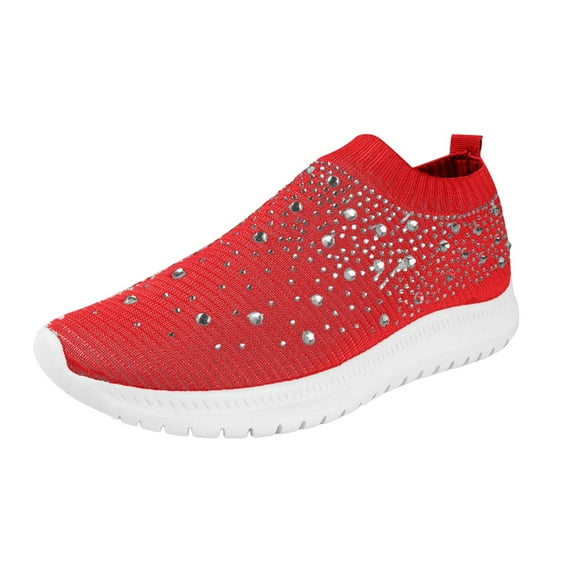 YLYL Women's Rhinestones Mesh Sport Shoes Knitted Non Slip Breathable Lightweight Casual Slip-on Walking Shoes