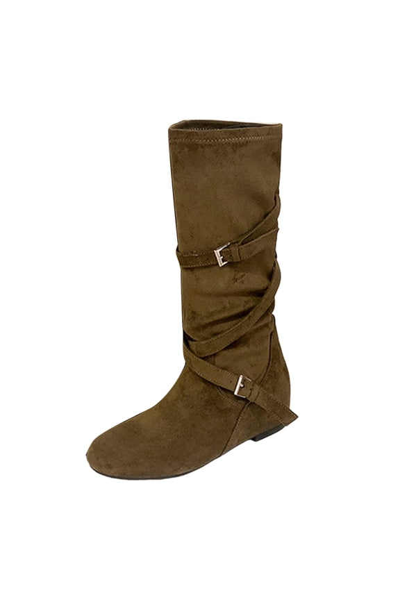 Women's Slouchy Knee High Boots Buckle Strap Hidden Heel Round Toe Slip on Fall Winter Riding Boots