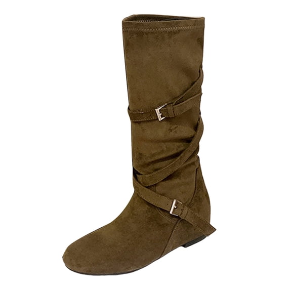 YLYL Women's Slouchy Knee High Boots Buckle Strap Hidden Heel Round Toe Slip on Fall Winter Riding Boots