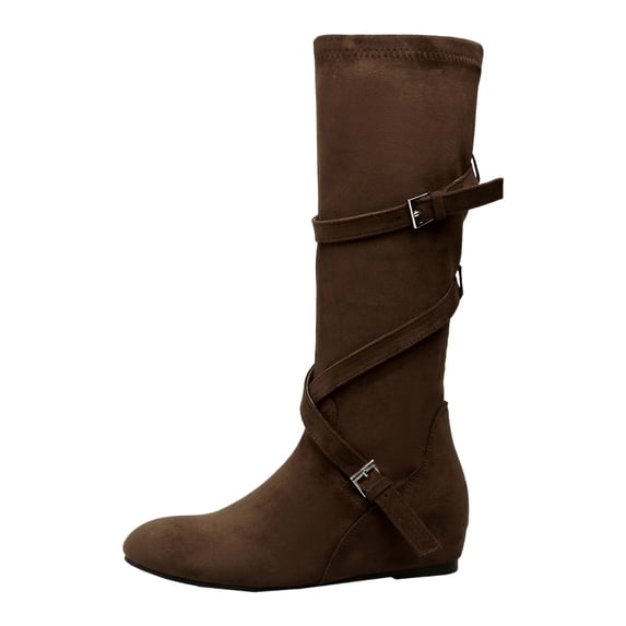 YLYL Women's Slouchy Knee High Boots Buckle Strap Hidden Heel Round Toe Slip on Fall Winter Riding Boots