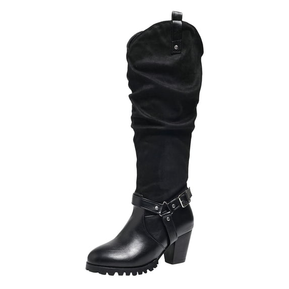 YLYL Women's Slouchy Knee High Boots Chunky Heel Pointed Toe Pull on Fall Winter Riding Boots with Buckle