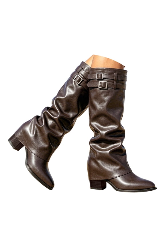 Women's Slouchy Knee High Boots Fold over Wide Calf Chunky Heel Pull on Pointed Toe Tall Boots