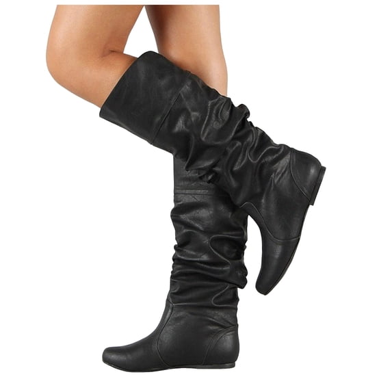 YLYL Women's Slouchy Knee High Boots Soft Leather Round Toe Low Heel Pull on Fall Winter Western Combat Boots