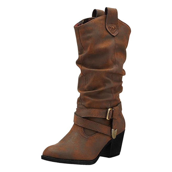 YLYL Women's Slouchy Knee High Boots Wide Calf Chunky Mid Heel Pointed Toe Pull on Riding Boots