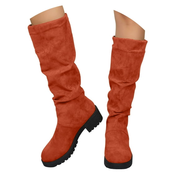 YLYL Women's Slouchy Knee High Boots Wide Calf Round Toe Chunky Heel Pull on Retro Western Tall Boots