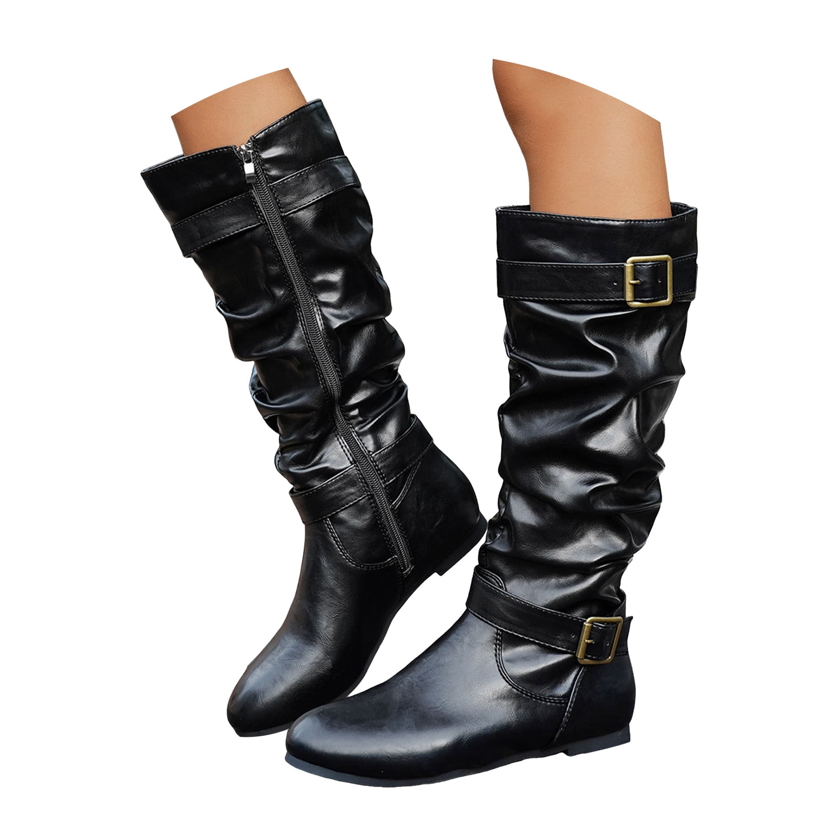 Slouch Riding Boots YLYL Women's Slouchy Knee High Riding Boots Low Flat Heel Side Zipper ...