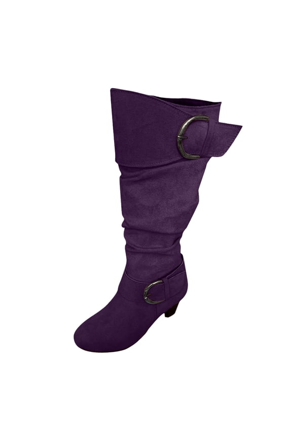 Women's Slouchy Mid Calf Boots Buckle Round Toe Side Zipper Wide Width Chunky Heel Fall Winter Boots