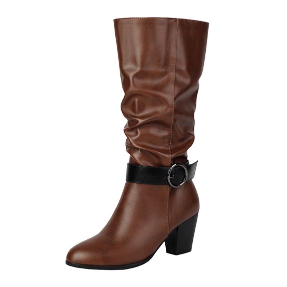 YLYL Women's Slouchy Mid Calf Boots Buckle Strap Wide Calf Chunky Mid Heel Pointed Toe Fashion Fall Winter Boots