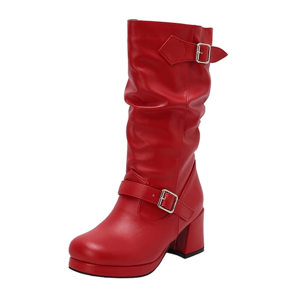 YLYL Women's Slouchy Mid Calf Boots Round Toe Buckle Strap Chunky Mid Heel Fashion Western Winter Boot
