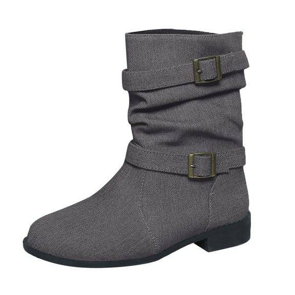 YLYL Women's Slouchy Mid Calf Boots Round Toe Low Chunky Heel Side Zipper Buckle Fashion Classic Western Boots