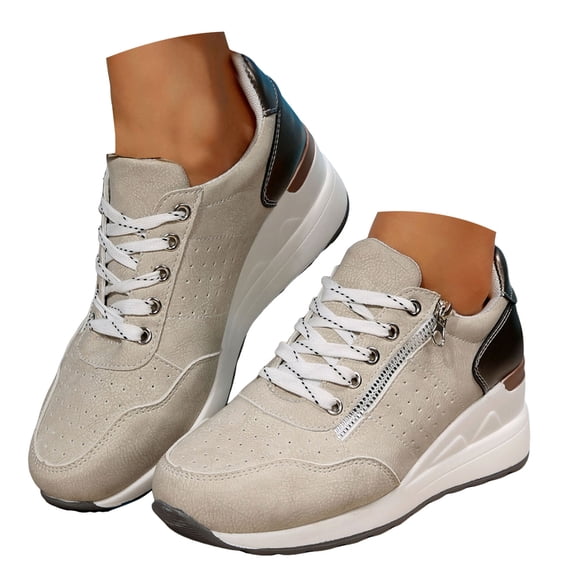 YLYL Women's Sneaker Side Zipper Platform Wedge Hidden Heel Lace up Low Top Slip on Casual Walking Shoes