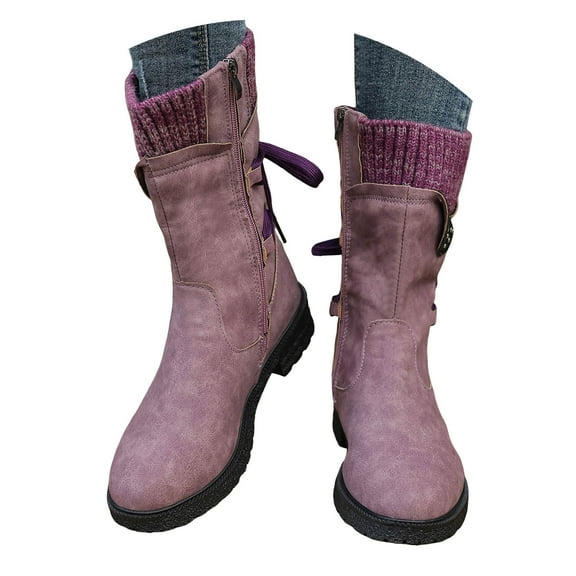 YLYL Women's Snow Boots Round Toe Lace up Non Slip Warm Winter Hiking Mid Calf Boots