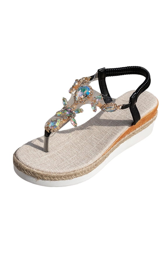 Women's Sparkly Rhinestone Sandals Bohemian Jeweled Platform Wedge Heel Summer Dressy Flip Flops Thong Sandals