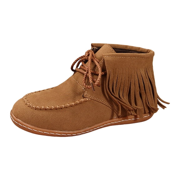 YLYL Women's Suede Ankle Boot Fringe Round Toe Lace up Low Heel Retro Western Rome Knight Booties