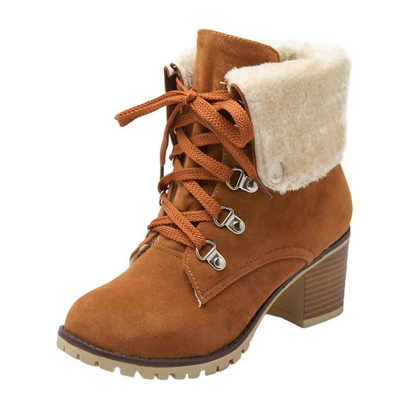 YLYL Women's Suede Ankle Boots Warm Fur Lined Chunky Mid Heel Lace up Round Toe Winter Snow Booties