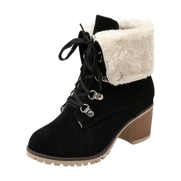 YLYL Womens Suede Ankle Boots Warm Fur Lined Lace up Fold over Chunky Mid Heel Winter Booties