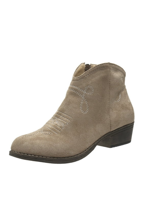 Women's Suede Ankle Boots with Side Zipper Embroidered Mid Heel Pointed Toe Retro Casual Shoes