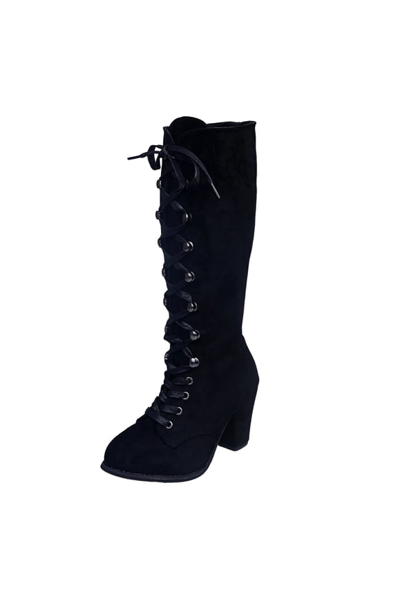 Women Knee High Boots Lace up Chunky Heel Vintage 70s Victorian Renaissance Witch Goth Cosplay Shoes