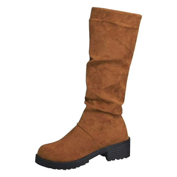 YLYL Women's Suede Knee High Boots Chunky Heel Lug Sole Non Slip Round Toe Fall Winter Boots