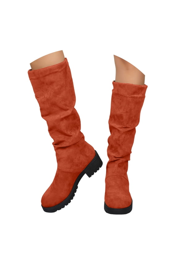 Women's Suede Knee High Boots Chunky Heel Round Toe Long Boots Shoes with Zipper