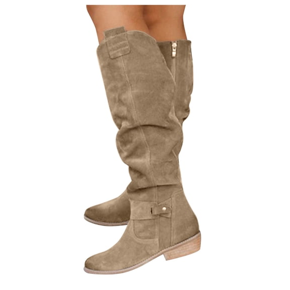 YLYL Women's Suede Knee High Boots Low Heel Wide Calf Pointed Toe Side Zipper Fall Winter Riding Boots