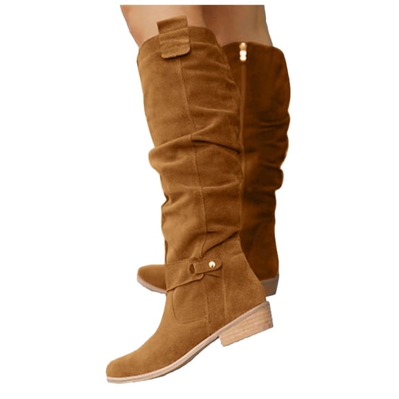 YLYL Women's Suede Knee High Boots Low Heel Wide Calf Pointed Toe Side Zipper Fall Winter Riding Boots