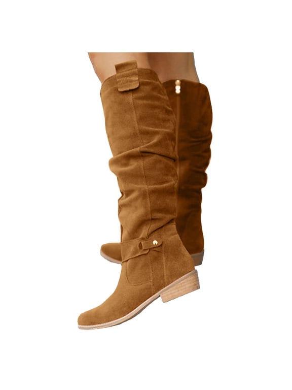 Women's Suede Knee High Boots Low Heel Wide Calf Pointed Toe Side Zipper Fall Winter Riding Boots