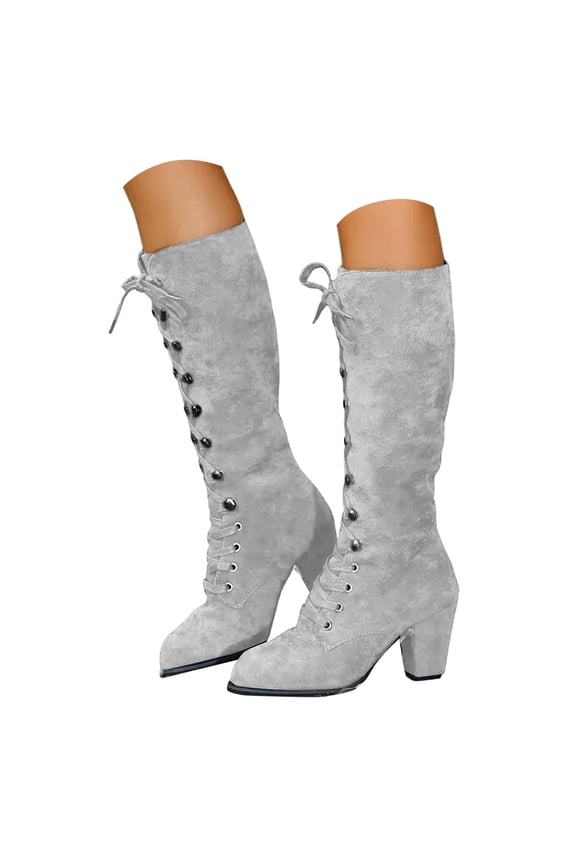 Women Suede Knee High Boots Chunky Heel Lace up Medieval Victorian Goth Steampunk Halloween Fall Winter Boots