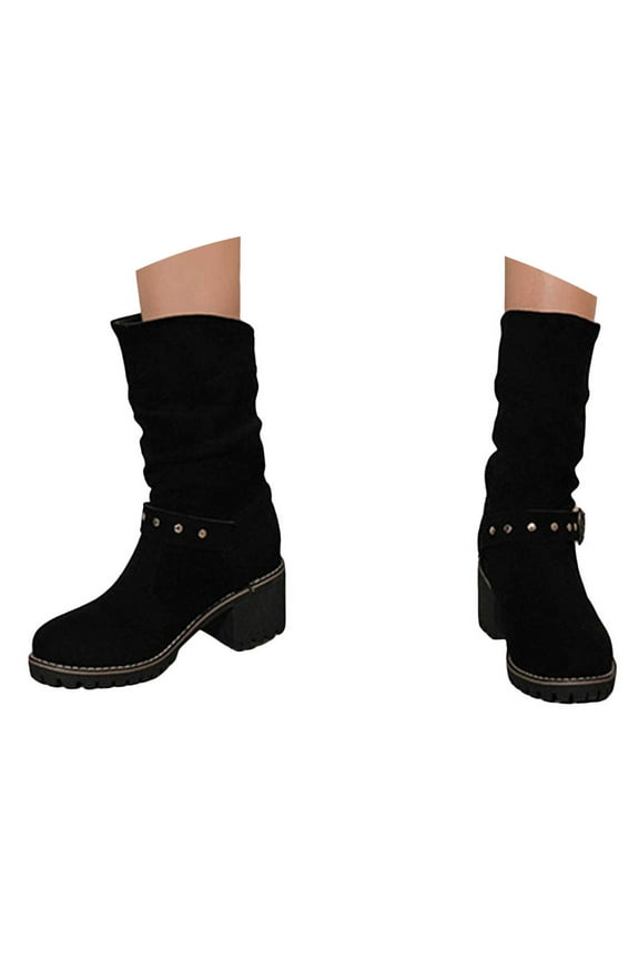 Women's Suede Slouchy Mid Calf Boots with Buckle Strap Wide Width Pull on Riding Combat Ankle Boots