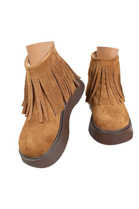 Women's Suede Snow Boots with Zipper Retro Tassels Warm Cozy Fur Lined Winter Ankle Boots