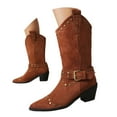 thumbnail image 1 of YLYL Women's Suede Studded Mid-Calf Boots Pointed Toe Pull-On Block Heel with Buckle Wide Calf Fashion Western Boots, 1 of 8