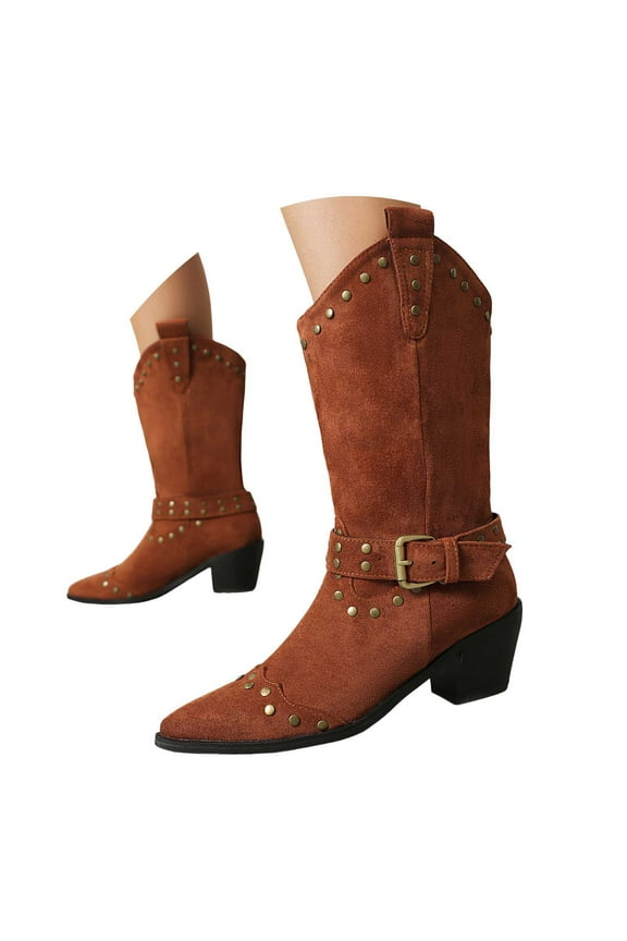 Women's Suede Studded Mid-Calf Boots Pointed Toe Pull-On Block Heel with Buckle Wide Calf Fashion Western Boots