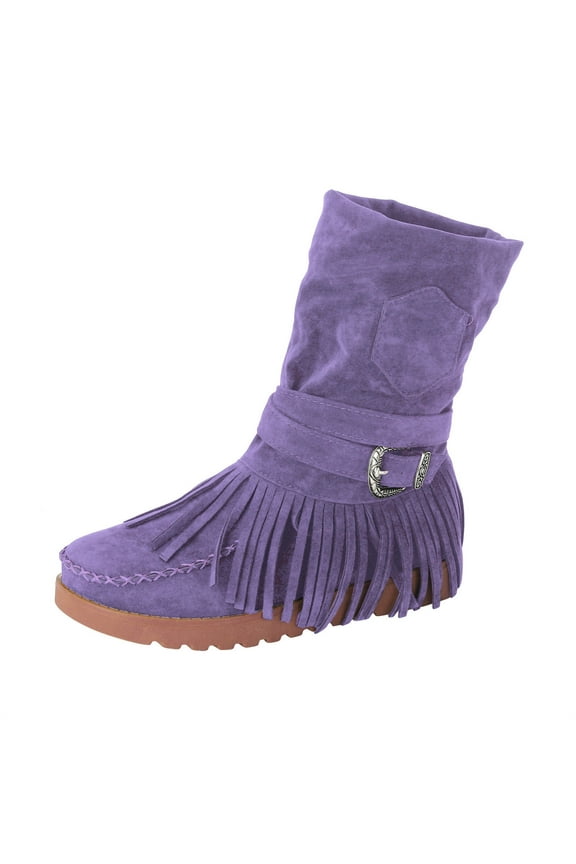 Women's Suede Tassel Mid Calf Boots Low Heel Fashion Retro Moccasins Winter Dress Shoes
