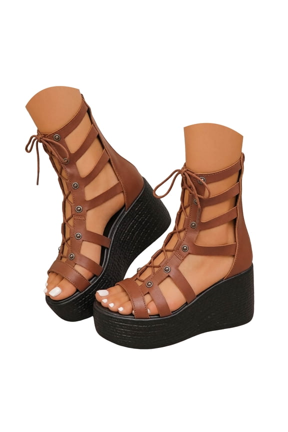 Women's Wedge Platform Sandals High Top Lace up Open Toe Back Zipper Fashion Summer Fisherman Roman Shoes