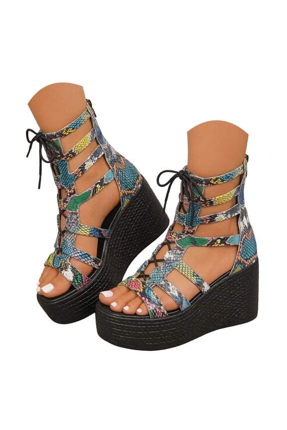 Women's Wedge Platform Sandals High Top Lace up Open Toe Back Zipper Fashion Summer Fisherman Roman Shoes