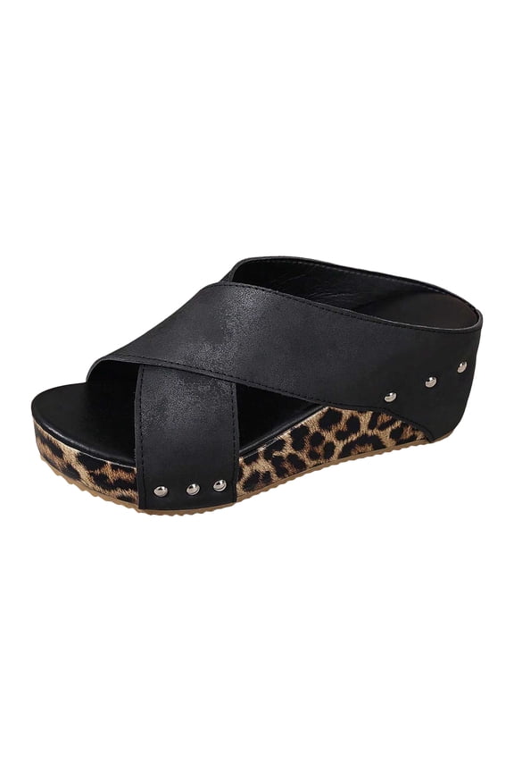 Women's Wedge Platform Sandals Leopard Print Open Toe Slip on Summer Dressy Vacation Pumps Slippers