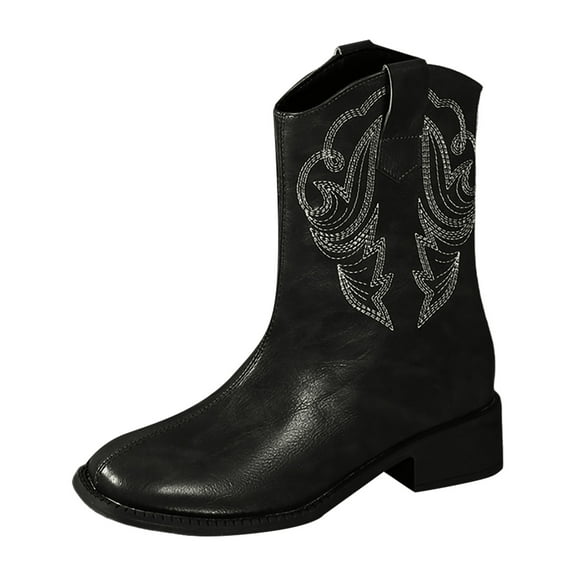 YLYL Mid-Calf Boots for Women Leather Embroidered Round Toe Block Low Heel Western Vintage Cowboy Wide Calf Booties