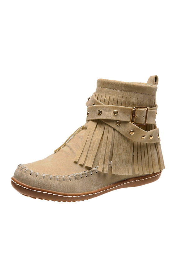 Women's Western Cowboy Boots Faux Suede Retro Round Toe Fringe Buckle Strap Low Heel Rome Knight Ankle Boot