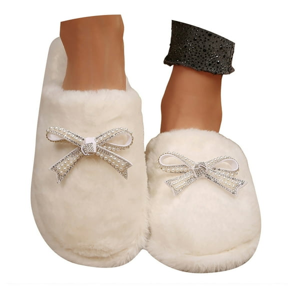 YLYL Women's Winter House Slippers Cute Bow Fur Lined Cozy Warm Memory Foam Indoor Outdoor Shoes